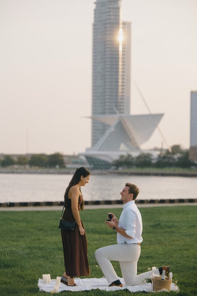Darya and Charlie during their surprise proposal at Veterans Park in Milwaukee