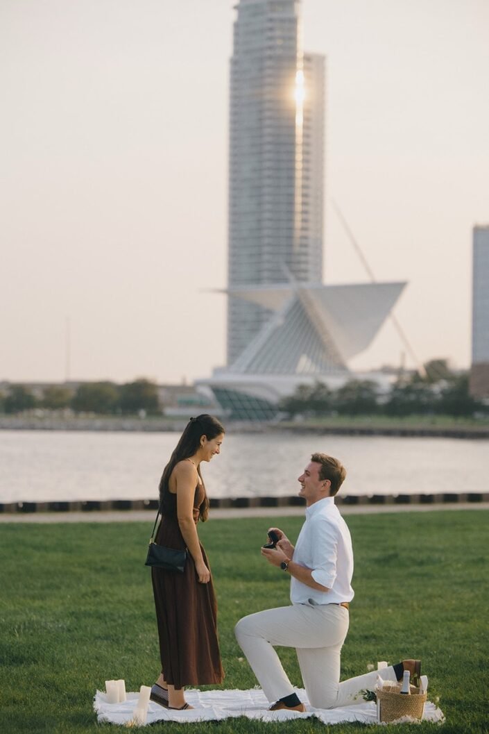 Darya and Charlie during their surprise proposal at Veterans Park in Milwaukee