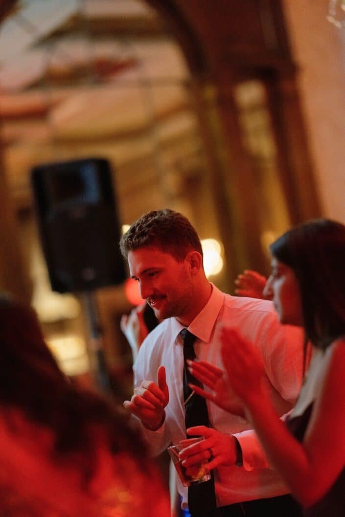 Guests dancing at an engagement party at The Pfister Hotel in Milwaukee